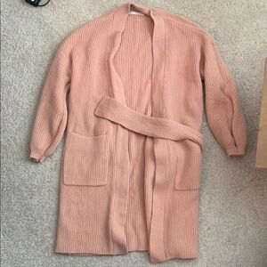 Sezane Dusty Blush Ribbed Long Open-Front Cardigan with Belt